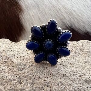 ❤️ Lapis Lazuli Oxidized Cluster Ring Sterling Silver Navajo Style Adjustable